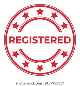 Rojo Registrado sello redondo aislado, etiqueta engomada, signo con estrellas Ilustración vectorial
