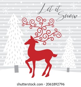 Red reindeer and decorations for christmas card, gift bag or box design