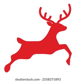 Red reindeer silhouette, leaping deer, Christmas icon, minimalist design, solid color, antlers, holiday symbol, vector graphic, festive illustration.