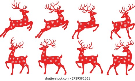 Red reindeer silhouettes with snowflake patterns, standing and leaping poses, Christmas holiday vector illustration for festive, seasonal and decorative design projects