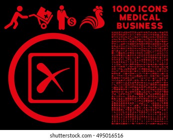 Red Reject vector rounded icon. Image style is a flat icon symbol inside a circle, black background. Bonus set includes 1000 medicine business symbols.