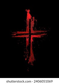 Rotes religiöses Kreuz auf schwarzem Hintergrund. blutiges Kreuz, handgezeichnet. Nicht AI. Vektorgrafik