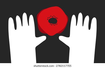 Red Remembrance Poppy Flower with Two Raised White Hands Conceptual Vector Illustration for Memorial Day and Veterans Honor