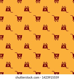 Red Remove shopping cart icon isolated seamless pattern on brown background. Online buying concept. Delivery service sign. Supermarket basket and X mark symbol. Vector Illustration