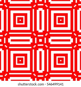 Red repeated figures on white background. Seamless surface pattern design with symmetrical squares and lines ornament. Polygons wallpaper. Geometric motif. Digital paper for web design. Vector art