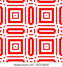 Red repeated figures on white background. Seamless surface pattern design with symmetrical squares, lines, and rectangles ornament. Polygons wallpaper. Geometrical motif. Digital paper. Vector art