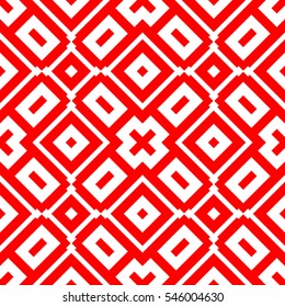 Red repeated geometric figures on white background. Seamless surface pattern design with symmetrical rhombuses, rectangles and crosses ornament. Polygons wallpaper. Geometrical motif. Digital paper.