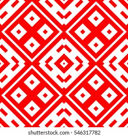 Red repeated geometric figures on white background. Seamless surface pattern design with symmetrical rhombuses ornament. Polygons wallpaper. Geometrical motif. Digital paper for web design. Vector