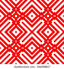 Red repeated geometric figures on white background. Seamless surface pattern design with symmetrical rhombuses and crosses ornament. Polygons wallpaper. Geometrical motif. Digital paper. Vector art