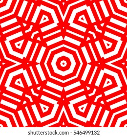 Red repeated geometric figures on white background. Seamless surface pattern design with symmetrical octagons and triangles ornament. Polygons wallpaper. Geometrical motif. Digital paper. Vector art