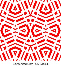 Red repeated geometric figures on white background. Seamless surface pattern design with triangles, rectangles and brackets ornament. Polygons wallpaper. Geometrical motif. Digital paper. Vector art