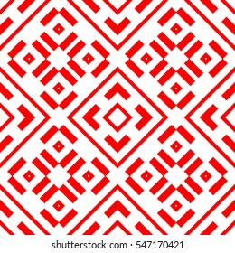 Red repeated geometric figures on white background. Seamless surface pattern design with symmetrical rhombuses, rectangles and brackets ornament. Polygons wallpaper. Geometrical motif. Digital paper
