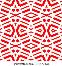 Red repeated geometric figures on white background. Seamless surface pattern design with rhombuses,triangles and rectangles ornament. Polygons wallpaper. Geometrical motif. Digital paper. Vector