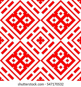 Red repeated geometric figures on white background. Seamless surface pattern design with symmetrical rhombuses, rectangles and crosses ornament. Polygons wallpaper. Geometrical motif. Digital paper.