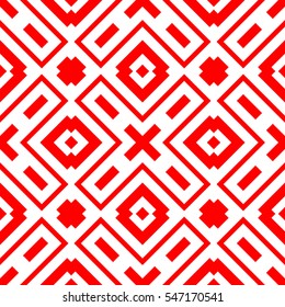 Red repeated geometric figures on white background. Seamless surface pattern design with symmetrical rhombuses, rectangles and crosses ornament. Polygons wallpaper. Geometrical motif. Digital paper.