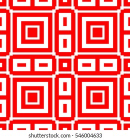 Red repeated stylized quadrangles on white background. Seamless surface pattern design with symmetrical squares and rectangles ornament. Polygons wallpaper. Geometric motif. Digital paper. Vector