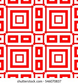 Red repeated stylized quadrangles on white background. Seamless surface pattern design with symmetrical squares and rectangles ornament. Polygons wallpaper. Geometric motif. Digital paper. Vector