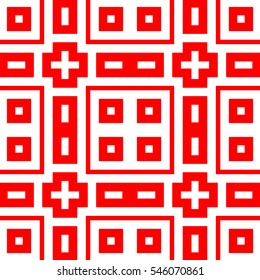 Red repeated stylized quadrangles on white background. Seamless surface pattern design with symmetrical squares and rectangles ornament. Polygons wallpaper. Geometric motif. Digital paper.