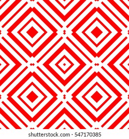 Red repeated stylized rhombuses and lines on white background. Diamonds wallpaper. Seamless surface pattern design with symmetrical quadrangles ornament. Geometrical motif. Digital paper. Vector art