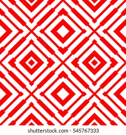 Red repeated stylized rhombuses on white background. Diamonds wallpaper. Seamless surface pattern design with symmetrical quadrangles ornament. Optical art motif. Digital paper for print. Vector