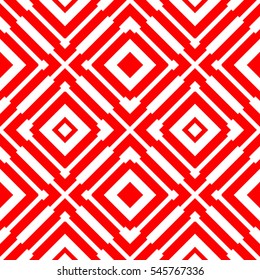 Red repeated stylized rhombuses on white background. Diamonds wallpaper. Seamless surface pattern design with symmetrical quadrangles ornament. Optical art motif. Digital paper for print. Vector