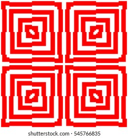 Red repeated stylized squares on white background. Quadrangles wallpaper. Seamless surface pattern design with asymmetrical rectangles ornament. Optical art motif. Digital paper for print. Vector
