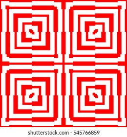 Red repeated stylized squares on white background. Quadrangles wallpaper. Seamless surface pattern design with asymmetrical rectangles ornament. Optical art motif. Digital paper for print. Vector