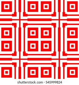 Red repeated stylized squares on white background. Quadrangles wallpaper. Seamless surface pattern design with symmetrical rectangles ornament. Geometric motif. Digital paper for print. Vector art