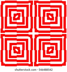 Red repeated stylized squares on white background. Quadrangles wallpaper. Seamless surface pattern design with asymmetrical rectangles ornament. Optical art motif. Digital paper for print. Vector