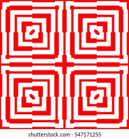 Red repeated stylized squares on white background. Quadrangles wallpaper. Seamless surface pattern design with asymmetrical rectangles ornament. Optical art motif. Digital paper for print. Vector