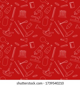 Red Repeating Laboratory Equipment Pattern. Seamless Lab Stuff Vector Background. 