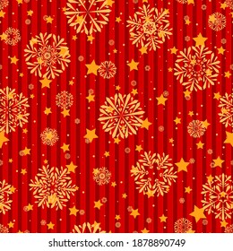 red repetitive striped winter background with gold snowflakes and stars. vector seamless pattern. fabric swatch. wrapping paper. continuous print. design element for greeting card, banner, decor