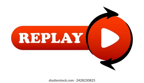 Red replay button. Banner, sign, announcement, advertising, player, video, music, audio, media content, play again, watch, listen, control, pause, arrows. Vector illustration