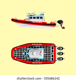 Red Rescue Boat On The Water. Left Side. Top View. Isolated Objects. Coast Security. Vector Illustration