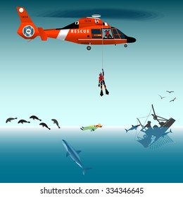 Red rescue helicopter and fisherman at sea. Brigade and rescue team. The collapse. A sinking ship. Shark. Fur seal. Fishing net. Coast security. Vector illustration