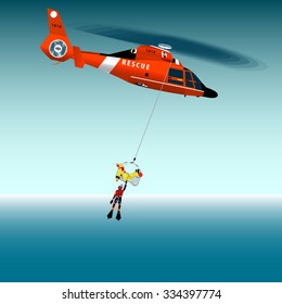 Red rescue helicopter and fisherman at sea. Brigade and rescue team. Rescuer in flippers. Basket rescue. The collapse. A sinking ship. Shark. Fur seal. Fishing net. Coast security. Vector illustration