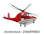 Red rescue helicopter with spinning rotor blades isolated on transparent background. Aerial emergency transport. Aviation, medical rescue and transportation concept. Flat vector illustration.