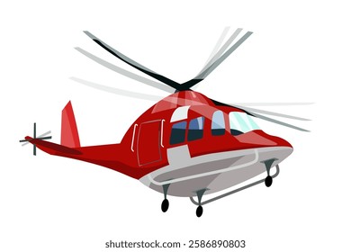 Red rescue helicopter with spinning rotor blades isolated on transparent background. Aerial emergency transport. Aviation, medical rescue and transportation concept. Flat vector illustration.