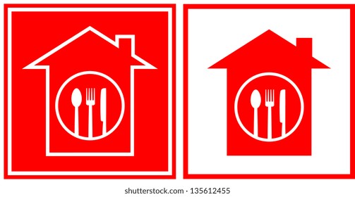 red restaurant icons with utensil and house silhouette