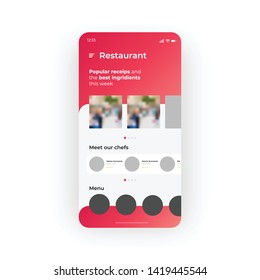 Red Restaurant menu UI, UX, GUI screen for mobile apps design. Modern responsive user interface design of mobile applications including Pupular reciepts, ingridients and others