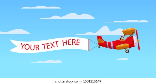 Red retro airplane aircraft with advertising banner ribbon in the cloudy sky. Vector isolated illustration