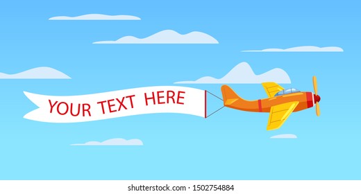 Red retro airplane aircraft with advertising banner ribbon in the cloudy sky. Vector isolated illustration