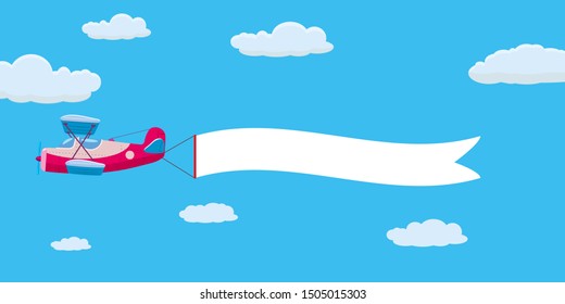 Red retro airplane aircraft with advertising banner ribbon in the cloudy sky. Vector isolated illustration