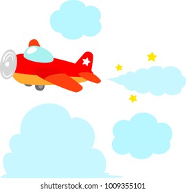 Red retro airplane flying