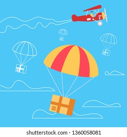 Red Retro Airplane Throw off Parachutes with Parcel Boxes in Blue Sky Background with Outline Clouds. Air Mail Express Delivery. Cargo Service. Transportation Shipping Package Flat Vector Illustration