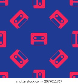 Red Retro audio cassette tape icon isolated seamless pattern on blue background.  Vector