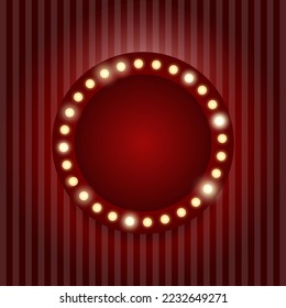 Red retro billboard background with round frame and light bulbs