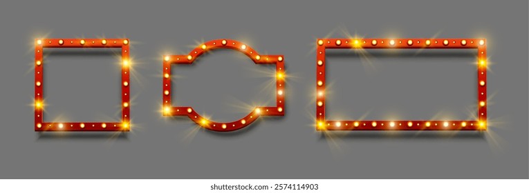 Red retro board empty frames with lights and warm glowing. Vector isolated square signs for night club, party or theatre, cinema or show, casino or chic announcements. Blank banners with copy space