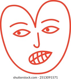 Red retro bright groovy heart with cute face, illustration of playful love hearts