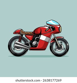 A red retro cafe racer motorcycle with white stripe from side view, isolated cartoon illustration on a light background